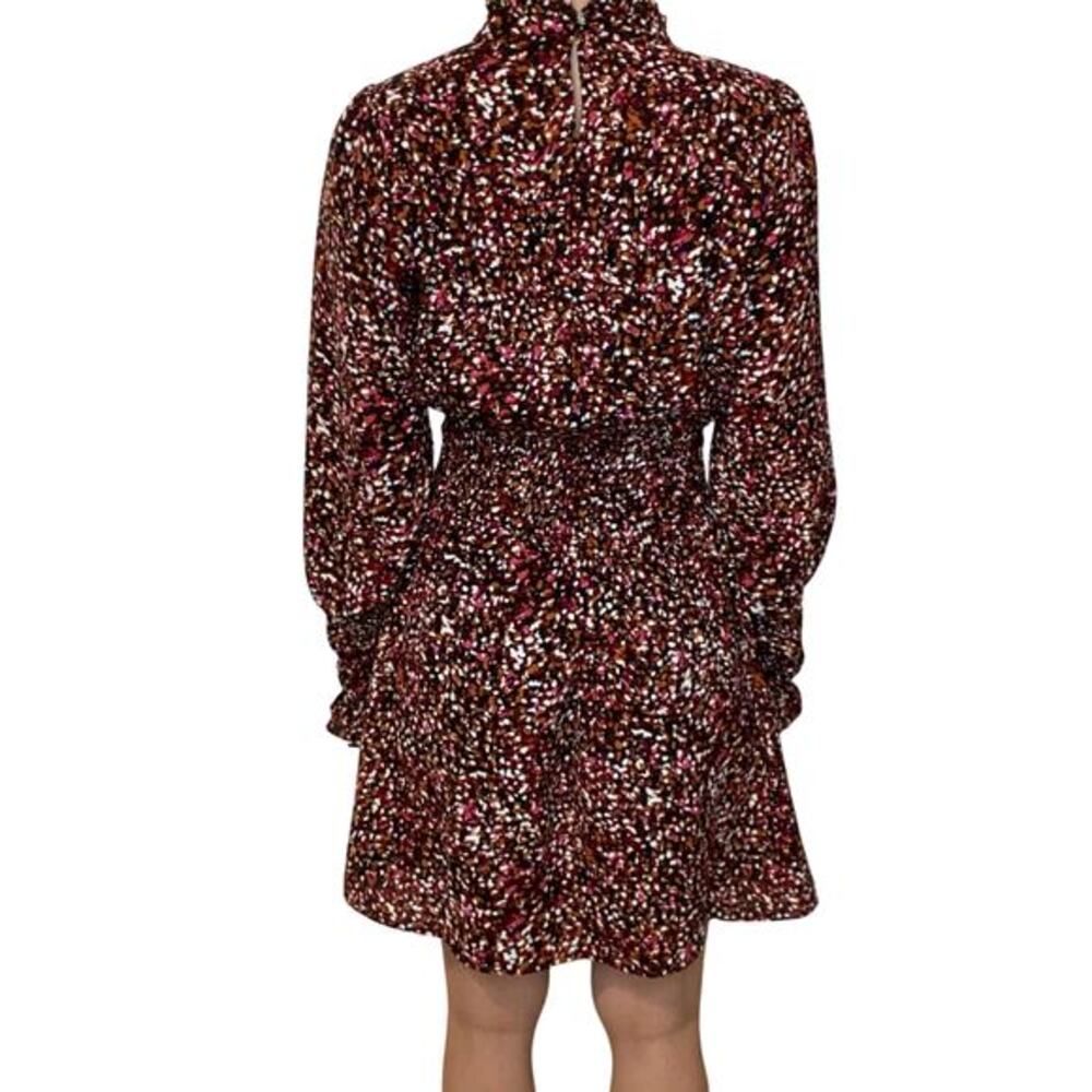 THML Burgundy Abstract‎ Confetti Smocked Waist Ruffle Neck Mini Dress Size S - Picture 2 of 13